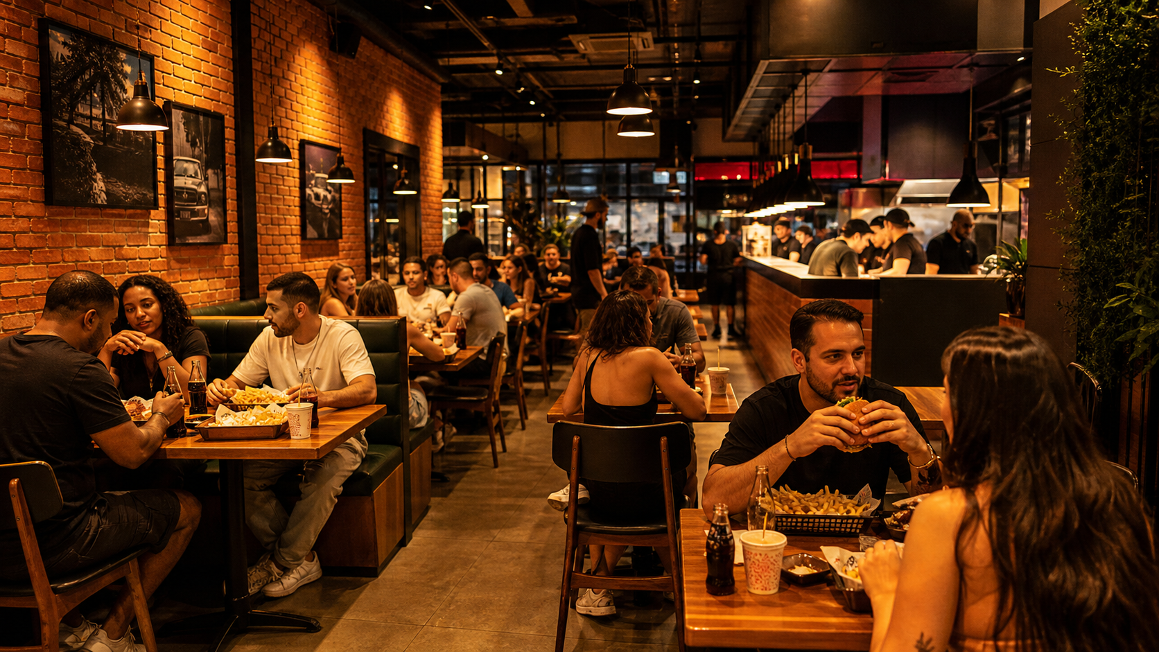 Salão movimentado da Brasa Burguer